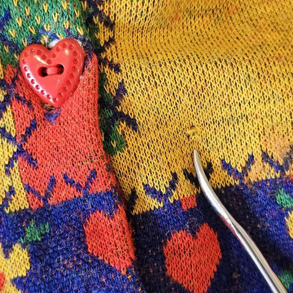 Retro 70s Girls Jacket Patchwork Floral Heart Buttons Knit Hooded Sz 3T 4T 1970s